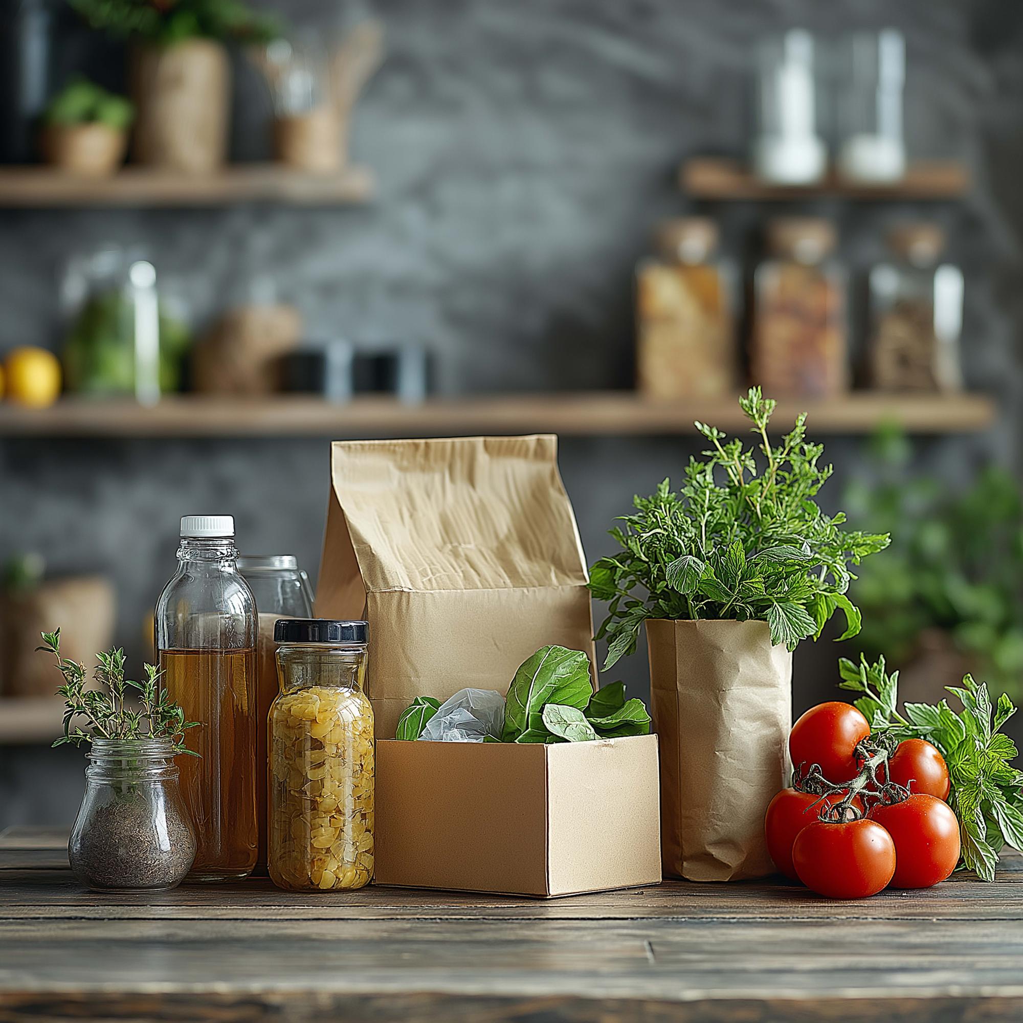 stacked meal kit boxes and ingredients on a wooden table